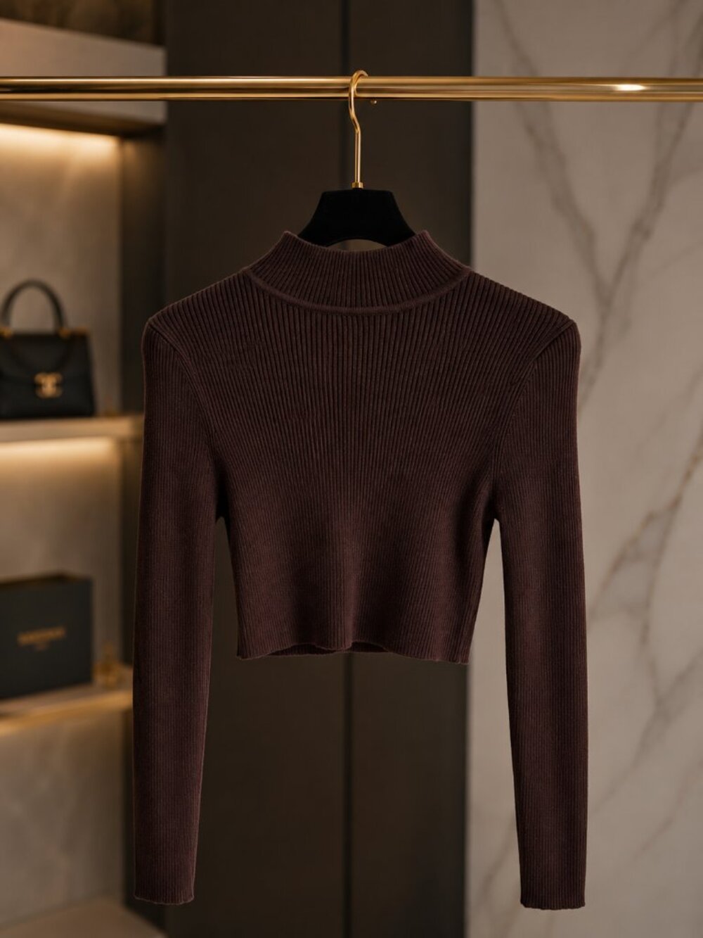 H&M Ribbed Mock Neck Cropped Sweater Brown Size S